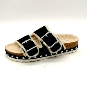 Steven Womens Flat Heel Slide Slipper FauxFur Lined Two Front Buckles Black Sz 6